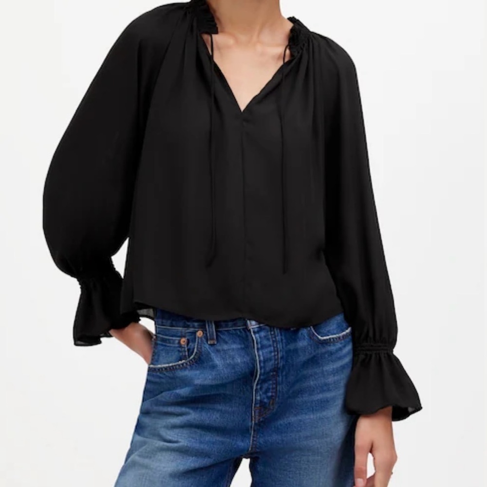 Madewell Tie Neck Blouse Black Long Sleeve Semisheer Top NWT Medium Feminine